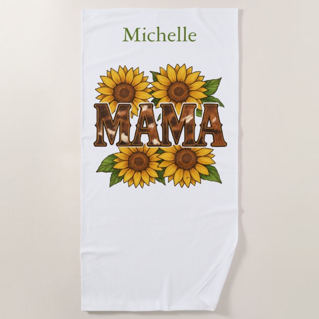 Mama Sunflowers Monogram Name Initials, Gift Mom Beach Towel (Front)