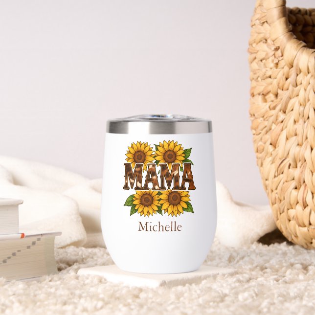 Mama Sunflowers Monogram Name Initials, Gift Mom Thermal Wine Tumbler (Living Room (Rotated))