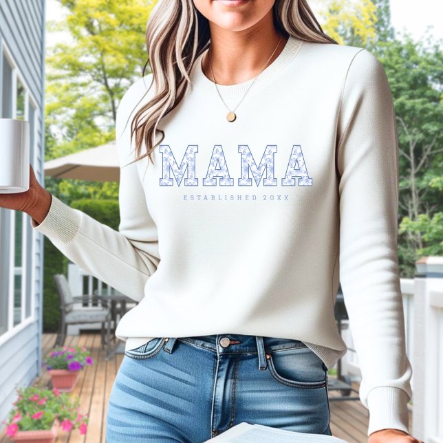 Mama Sweater, Blue Toile Pattern Floral Sweatshirt (Creator Uploaded)