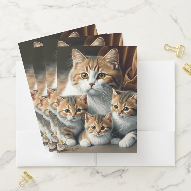 MAMA TABBY CAT AND HER BEAUTIFUL KITTENS POCKET FOLDER (In Situ)