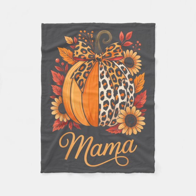 Mama Thanksgiving Leopard Pumpkin Sunflower Coquet Fleece Blanket (Front)