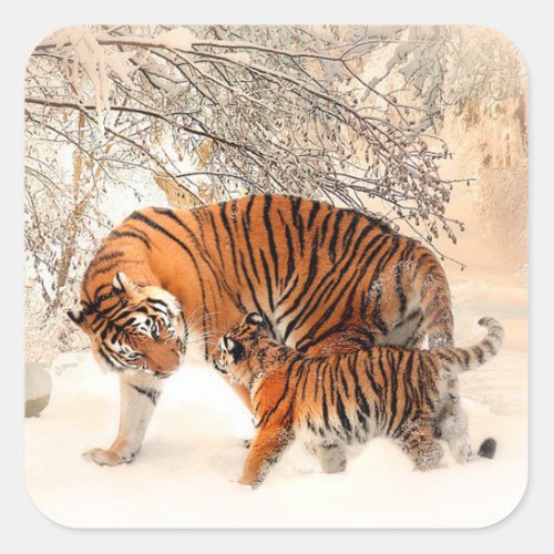 Mama Tiger and Baby Tiger in Snow Sticker