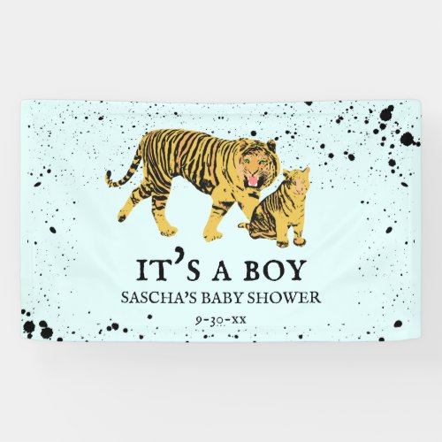 Mama Tiger Paint Splatter Blue Boy Baby Shower Banner