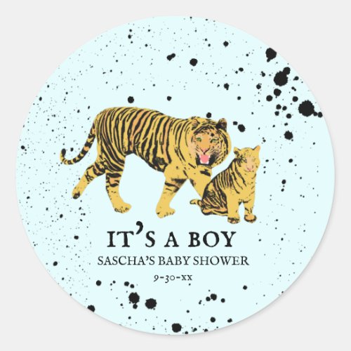Mama Tiger Paint Splatter Blue Boy Baby Shower Classic Round Sticker
