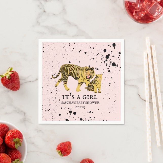 Mama Tiger Paint Splatter Pink Girl Baby Shower Napkins (Insitu)