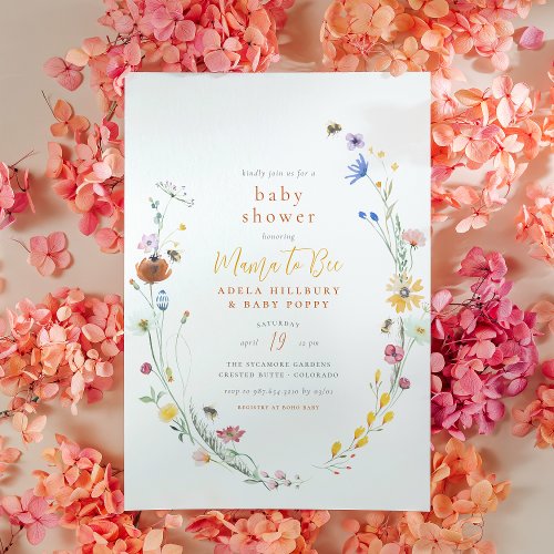 Mama To Bee Delicate Wildflower Boho Baby Shower Invitation