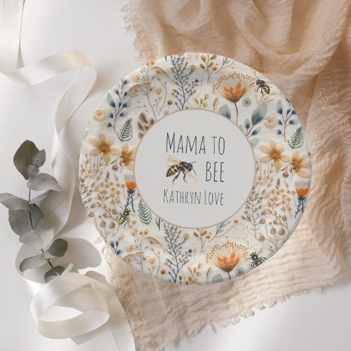 Mama to bee dusty blue floral baby shower paper plates