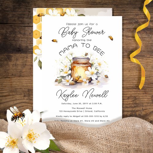 Mama to Bee Flowers and Bees Honey Baby Shower Invitation