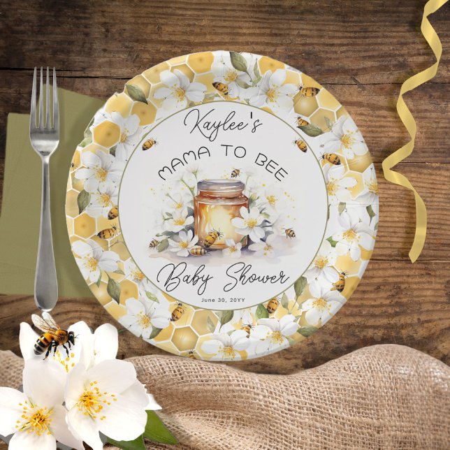 Mama to Bee Flowers and Bees Honey Baby Shower Paper Plates (Creator Uploaded)