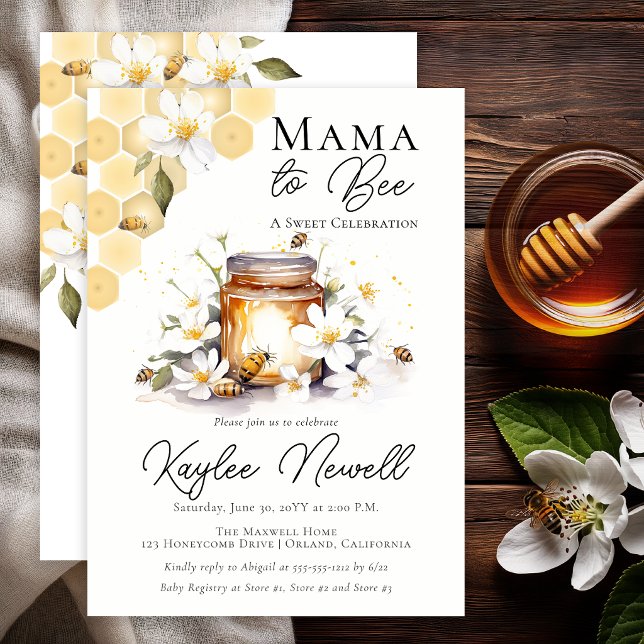 Mama to Bee Honey Bee Baby Shower Invitation (Elegant mama to bee baby shower with honey jar, florals, and soft gold accents)