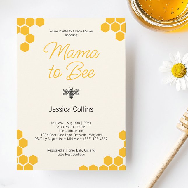 Mama to Bee Modern Honeycomb Bumblebee Baby Shower Invitation (Mama to Bee Gender Neutral Cute Yellow Honeycomb Invitation)