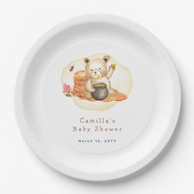 Mama To Bee Teddy Bear Honeycomb Baby Shower  Paper Plates (Front)