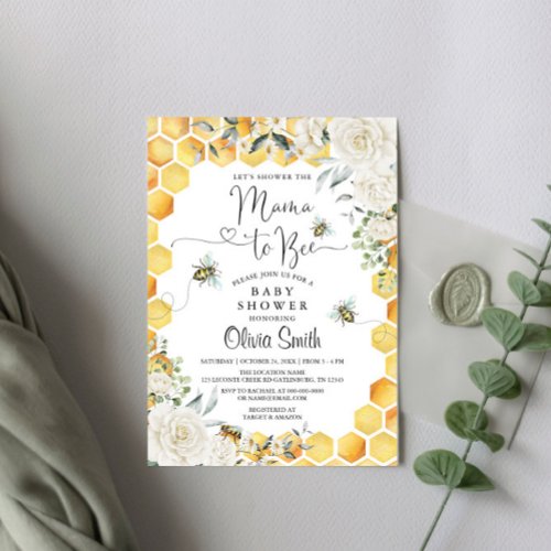 Mama to Bee White Floral Baby Shower Invitation