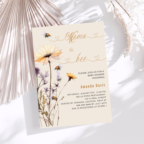 Mama to bee wildflower yellow beige baby shower invitation