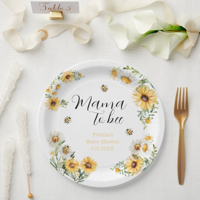 Mama to Bee Yellow flowers Bumblebee Baby Shower  Paper Plates (Wedding)