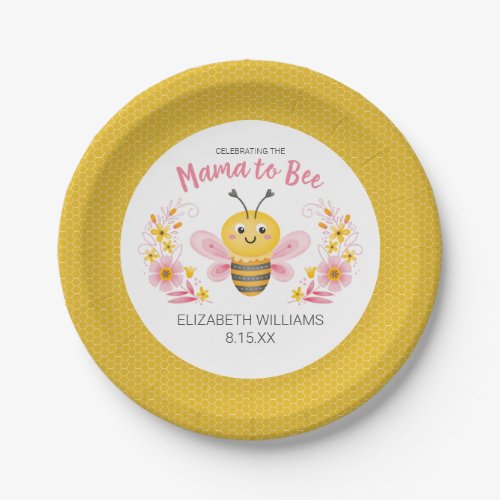 Mama to Bee Yellow Pink Baby Shower Paper Plates