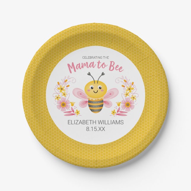 Mama to Bee Yellow Pink Baby Shower Paper Plates (Front)