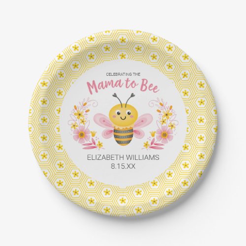 Mama to Bee Yellow Pink Girl Baby Shower Paper Plates