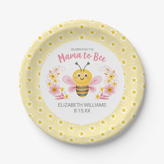 Mama to Bee Yellow Pink Girl Baby Shower Paper Plates (Front)