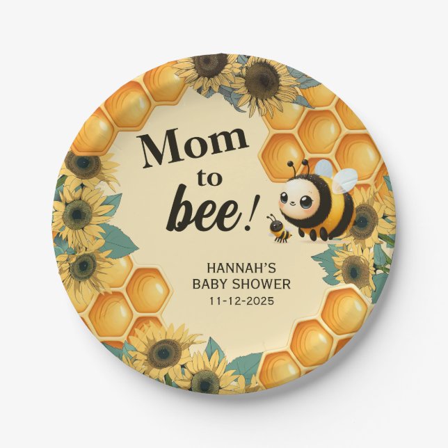 Mama to Bee Yellow Sunflower Baby Shower Paper Plates (Front)