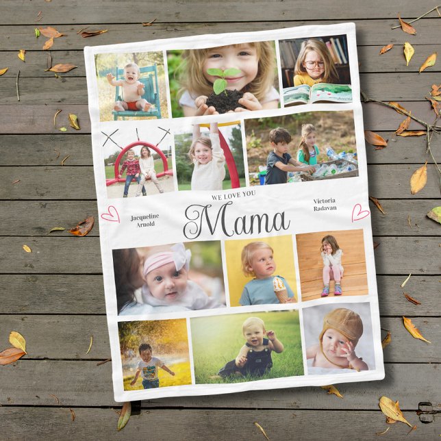 Mama We Love You Personalized Hearts Fleece Blanket (Mama fleece blanket with your text and favorite photos.)