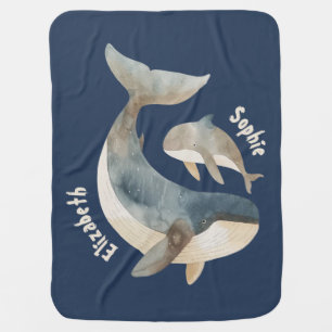 Mama Whale& Calf with Name Gender Neutral Blue Baby Blanket