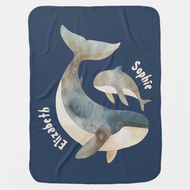 Mama Whale& Calf with Name Gender Neutral Blue Baby Blanket (Front)