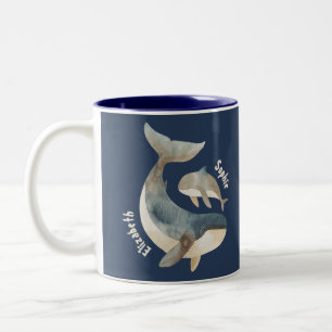Mama Whale& Calf with Name Navy Blue Mother's Day  Two-Tone Coffee Mug