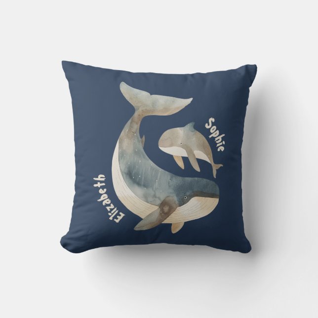 Mama Whale Custom Name Navy Blue Mother's Day  Throw Pillow (Front)