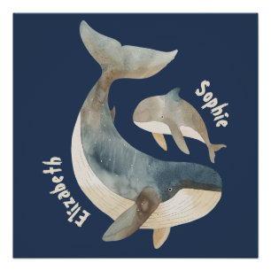 Mama Whale Navy Blue Monogram Name Mother's Day  Poster