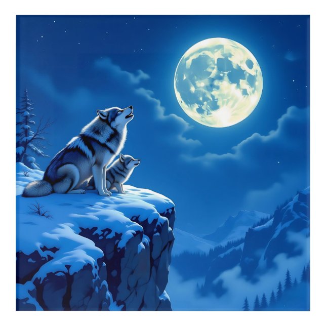 Mama Wolf and her Cub Howling at Moon Acrylic Print (Front)