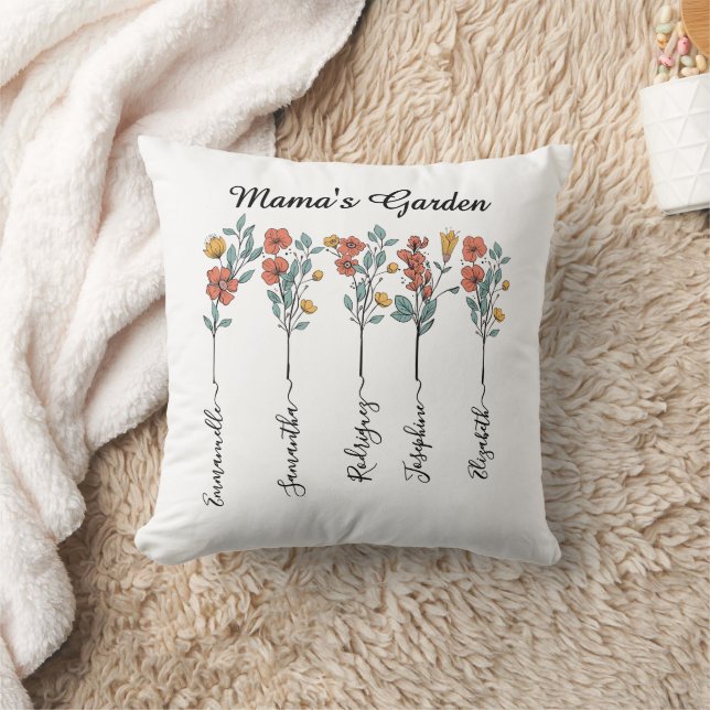 Mama's Garden Custom 5 Names Floral Gift for Mom Throw Pillow (Blanket)
