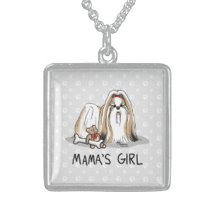 Mama's Girl Shih Tzu (tan white) Dog Mom Cute Sterling Silver Necklace