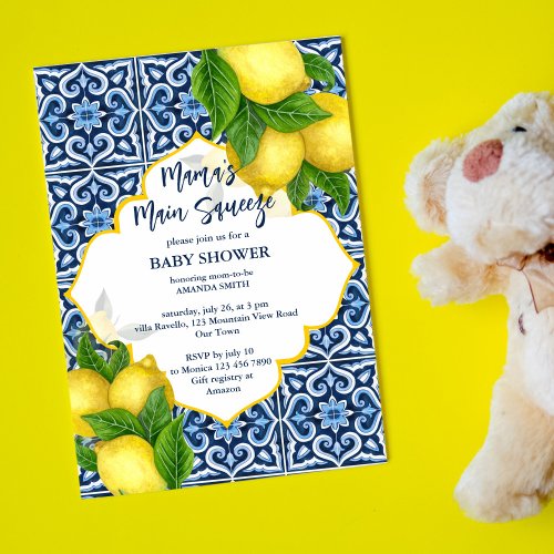 Mamas Main Squeeze baby shower lemons blue tiles Invitation