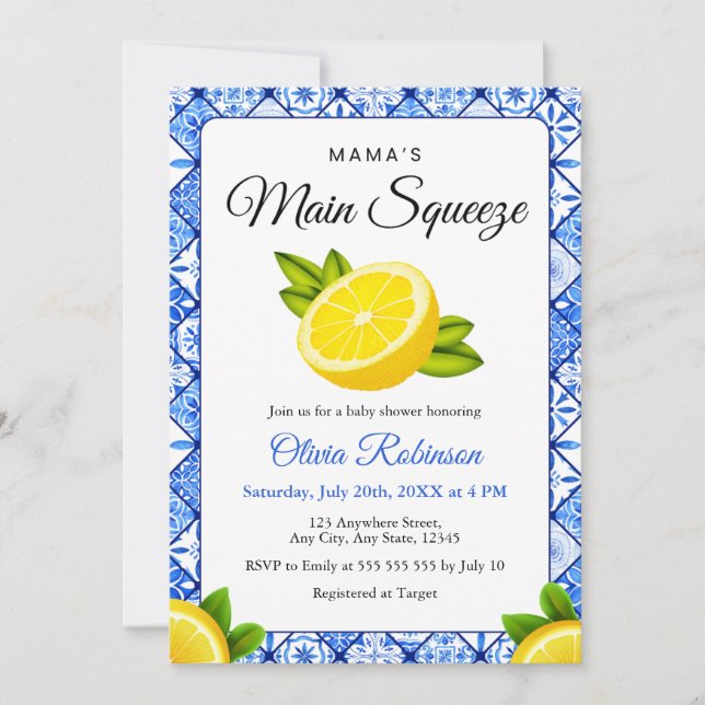 Mama's Main Squeeze Blue Tile Lemon Baby Shower  Invitation (Front)
