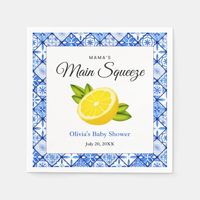 Mama's Main Squeeze Blue Tile Lemon Baby Shower  Napkins (Front)