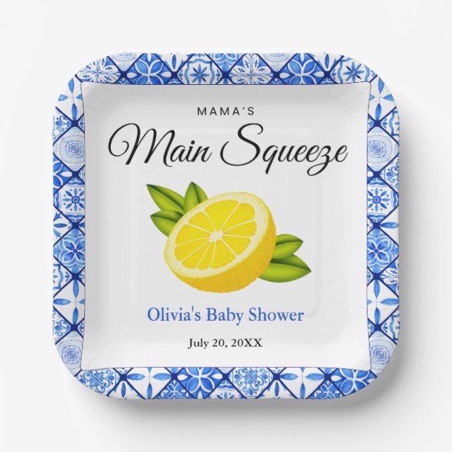 Mama's Main Squeeze Blue Tile Lemon Baby Shower  Paper Plates (Front)