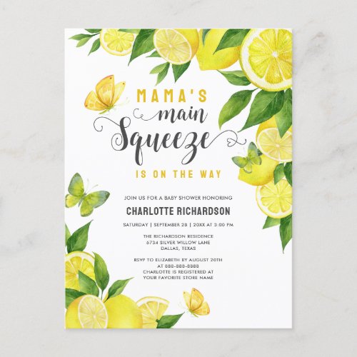 Mamas Main Squeeze Lemon Baby Shower Invitation Postcard