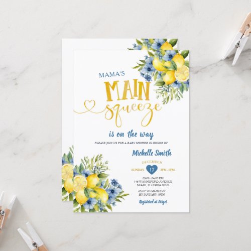 Mamas Main Squeeze Lemon Blue Floral Baby Shower Invitation