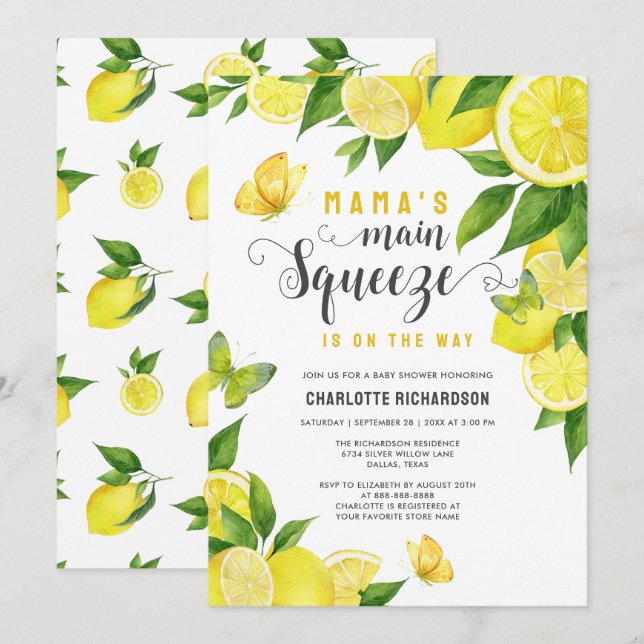 Mama's Main Squeeze Lemon Butterfly Baby Shower Invitation (Front/Back)