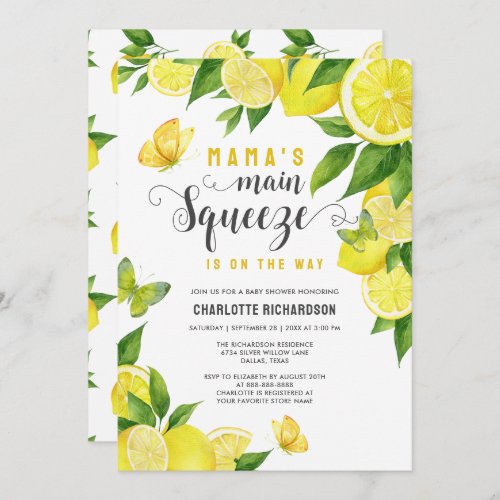 Mamas Main Squeeze Lemon Butterfly Baby Shower Invitation