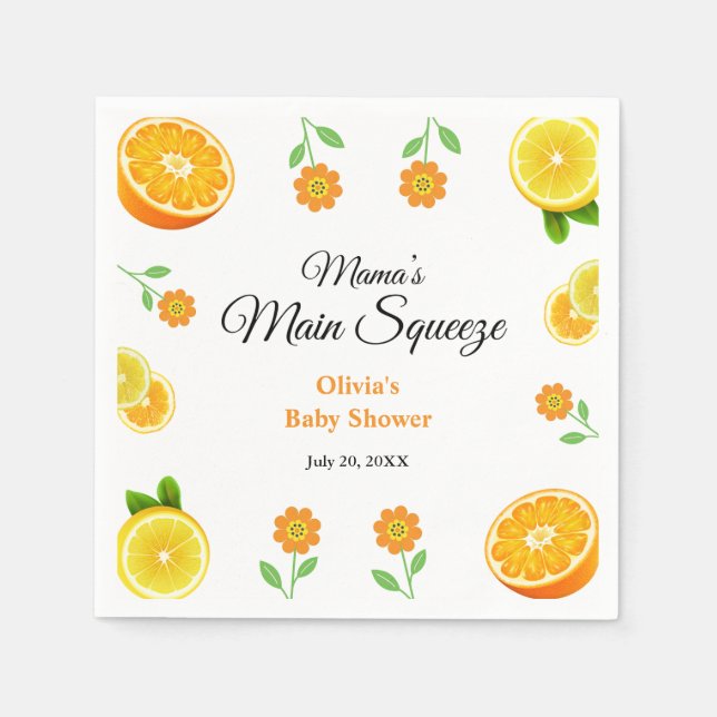 Mama's Main Squeeze Orange Citrus Baby Shower Napkins (Front)