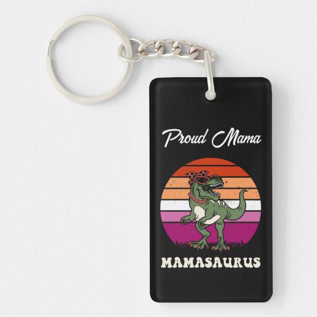 Mamasaurus Funny Dinosaur on Lesbian Flag Sunset Keychain (Front)