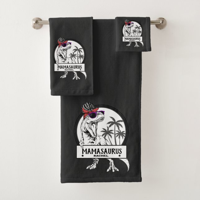 Mamasaurus Mom T rex Dino Funny Custom Name Bath Towel Set (Insitu)