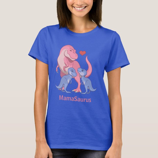 MamaSaurus Pink T-Rex Twin Blue Baby Boy Dinosaurs T-Shirt (Front)
