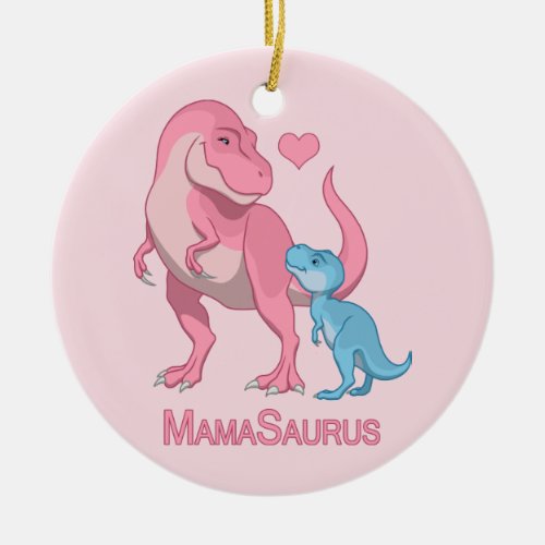 MamaSaurus T_Rex and Baby Boy Dinosaurs Ceramic Ornament