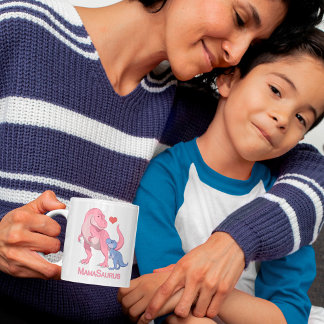 MamaSaurus T-Rex and Baby Boy Dinosaurs Coffee Mug