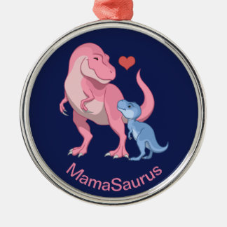 MamaSaurus T-Rex and Baby Boy Dinosaurs Metal Ornament