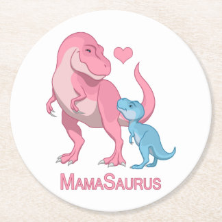 MamaSaurus T-Rex and Baby Boy Dinosaurs Round Paper Coaster