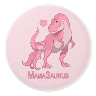 MamaSaurus T-Rex and Baby Girl Dinosaurs Ceramic Knob